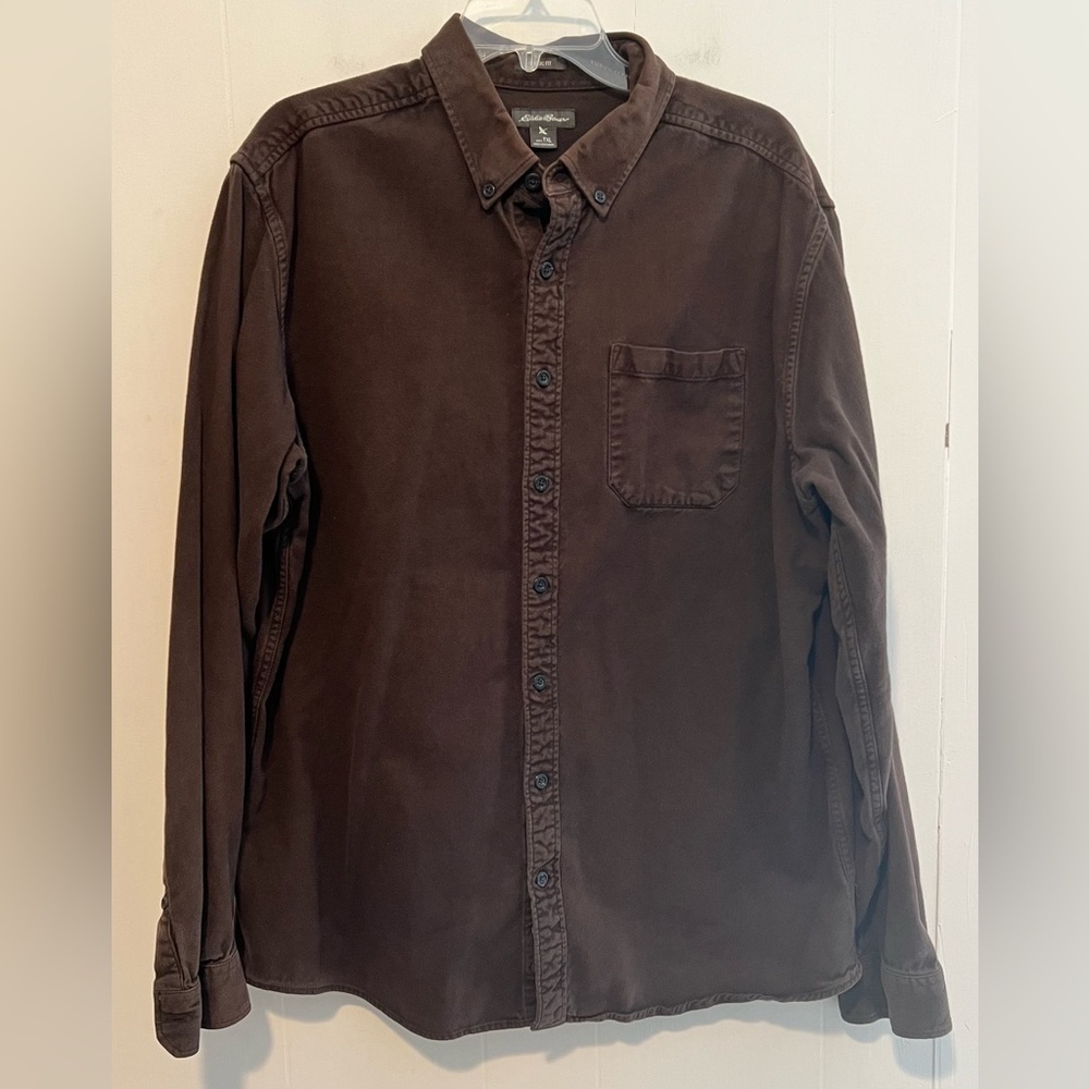 Eddie Bauer Long Sleeve Button Up Solid Brown Flannel Shirt T22
